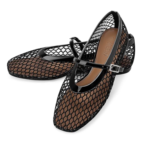 Rihero Mesh Ballet Flats for Women Comfortable Square Toe Ballerina Flats Buckle Strap Casual Fishnet Flat Shoes4