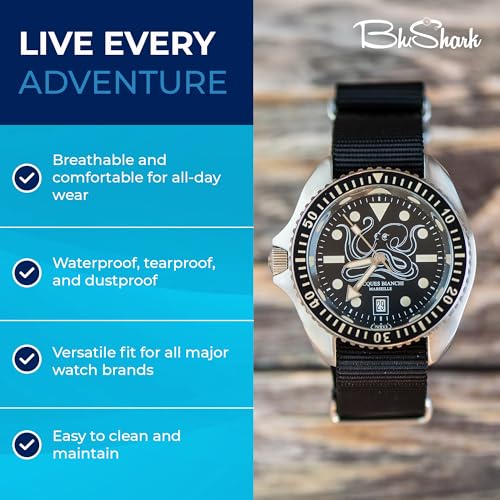 Image of BluShark - Original Collection Military-Style Waterproof Watch Strap, Fits All Timepiece Brands, Durable Nylon Wristwatch Accessories with Stainless Steel Buckle - 18mm, 20mm, 22mm & 24mm Watch Bands