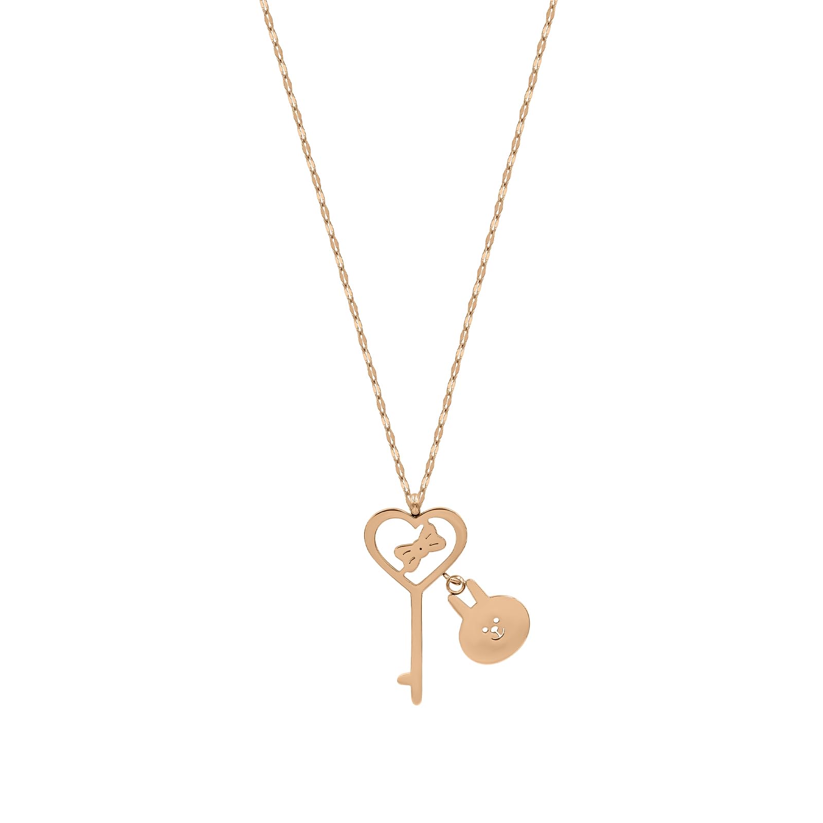 MOONSTONEFashion Pendant For Women Stainless Steel Striking Key Heart and Bunny Face Charm Mirror Chain Necklace, Rose Gold