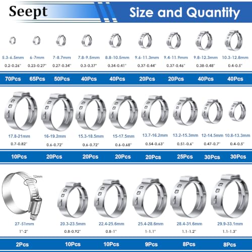 Image of 607Pcs 22 Sizes Single Ear Hose Clamps with Pliers 5.3-33.1mm 304 Stainless Steel Crimp Hose Clamps Assortment Kit Perfect for Automotive /Home Appliance /Water Pipe and Fuel Line