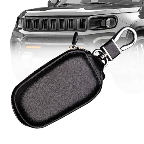 Image of Car Key Case,Universal Auto Key Holder With Metal Hook,Genuine Leather Car Smart Key Chain Keychain Holder Fits For Most Vehicles Black