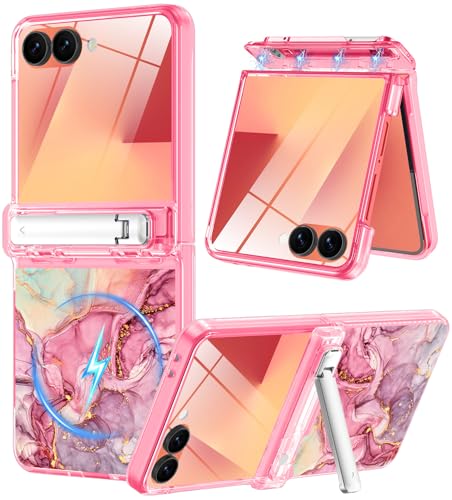 Btscase for Galaxy Z Flip 7 Case Magnetic with Hinge Protection & Hidden Foldable Kickstand,[Built-in Front Screen Protector] [Compatible with MagSafe] Marble Slim Full Body Protective Case,Rose Gold - image 1