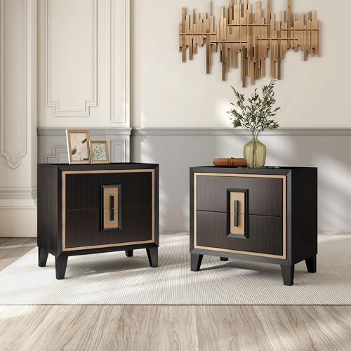 Furniture of America Samuel Modern 27-inch Solid Wood Nightstand Set of 2, Bedside Table with Drawers and Gold Accent Trim, Wooden Night Stand for Bedroom, Guest Room, Dorm, Espresso