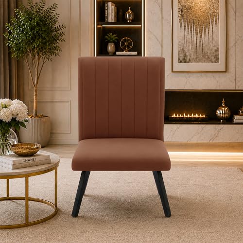 Image of Modern Velvet Accent Chair for Living Room | Upholstered Single Seater Chair with Metal Legs | Comfortable Seating for Bedroom, Office & Guest Room - Brown