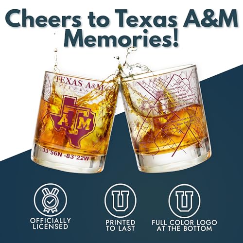 Image of Greenline Goods - University of Texas A&M Aggies College Whiskey Glasses (Set of 2), 10 oz - Full-Color Logo + Campus Map