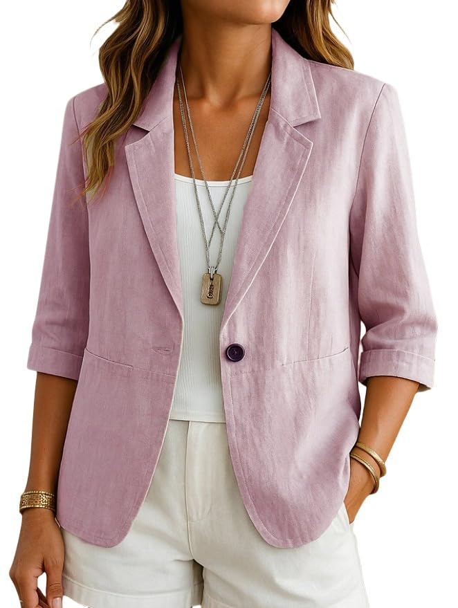 Blazer De Mujer - Blazer De Lino Y Algodón para Mujer Cárdigan Abierto con Mangas 3/4 Informal para Trabajo Y Oficina Elegante Y Ligero para Verano con Bolsillos Ribeteados.