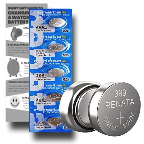 SR927W Watch Batteries - 5 x Renata 399 Swiss Made Equivalent to SR927W Replacement Cell Button Battery Pack for Watches with Fitting Guide