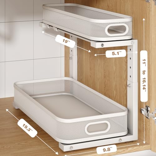 Image of 2 Pack 19.3IN-Depth Under Sink Organizer with Smooth Cylindrical Rail,2-Tier Pull Out Multi-Purpose Cabinet Storage for Bathroom&Kitchen,Height Adjustable,Rust-Resistant Coating-White