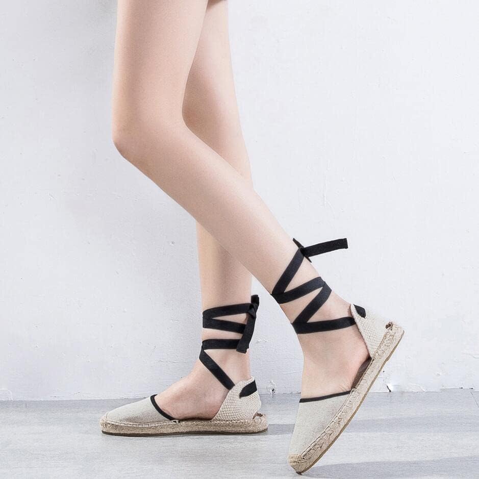 A COUPLE OF LINES Women's Espadrille Lace Up Flats - Comfortable Flat Sandals Summer Breathable Espadrille Sandals Adjustable Shoelace Easy to Wear Suitable for Dating, Work, Travel(Linen-10) | Image 4