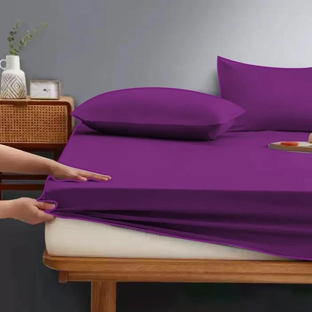 Ziya Homes 25cm Deep Fitted Sheet Single Polycotton Fabric - Breathable & Soft Hotel Grade Bed Sheets - Easy Care Non-Iron Bottom Sheet (Purple, 91x190 cm)
