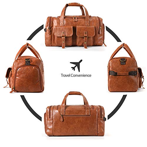 Zeroway PU Leather Travel Duffel Bag with Shoe Pouch Large Carry on Bag Waterproof Weekender Overnight Bag for Men Women Brown