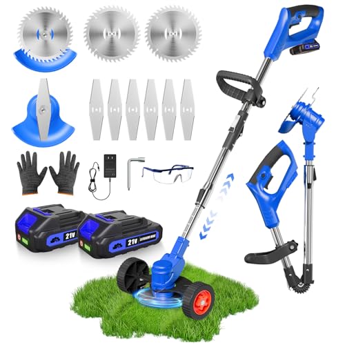Electric Weed Wacker with Wheels, String Trimmer with 2 x 24V Batteries and Charger,Cordless Weed Eater, Grass Trimmer/Edger Lawn Tool/Brush Cutter with Adjustable Length for Yard Lawns