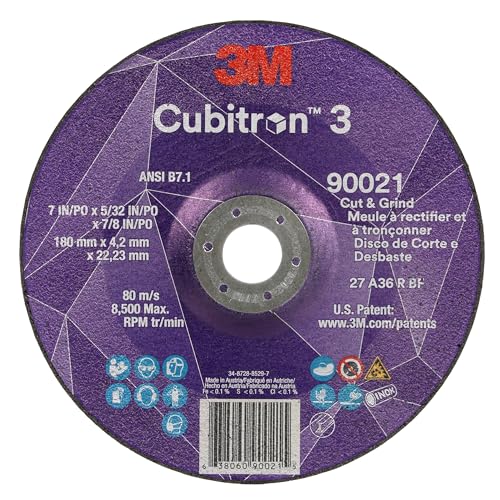 Image of 3M Cubitron 3 Cut and Grind Wheel, 90021, 36+, T27, 7 in x 5 /32 in x 7 /8 in, Pack of 10, ANSI, Longer Life, Faster Cut, Back-Gouging, Fillet Weld Removal, Cutting, Grinding