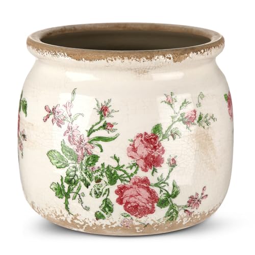 Ninehaoou Vintage Planter Large Ceramic Plants Pot Beige Pink French Rose Ice Crack Cottage Scroll...