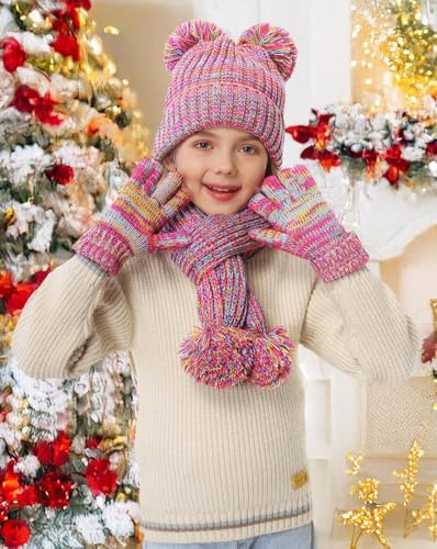 Kids Winter Gloves Hat Scarf Set for Cold Weather, Toddler Children Girls Fleece Lined Knit Pom Pom Beanie, Neck Warmer & Mittens Kids Christmas Gifts for Girls 3 4 5 6 7 8 Years Old - Rainbow4