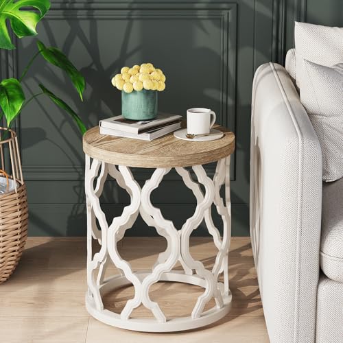 karlott Farmhouse End Table, 18.5'' French Country Round Side Table, Distressed Top Side Table with Curved Motif Frame Base for Boho, End Tables Living Room, Bedroom, Small Space, Easy Assembly