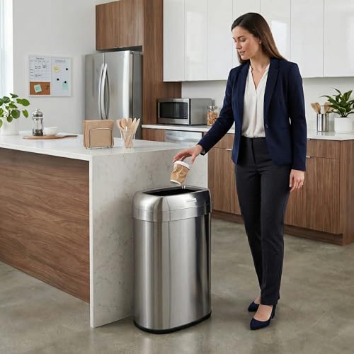 Image of iTouchless 13 Gallon / 50L Open Top Trash Can, Oval Stainless Steel with Double AbsorbX Odor Filters - Fingerprint-Resistant Modern Kitchen and Office Waste Bin for Hassle-Free Disposal