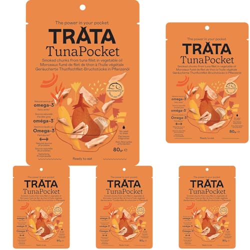 TRATA Tuna Pocket Smoked Tuna | Geräucherter Thunfisch | Thunfischfilet-Stücke in pflanzlichem Öl | Kein Abtropfen nötig | Proteinquelle - High Protein (Packung mit 5)