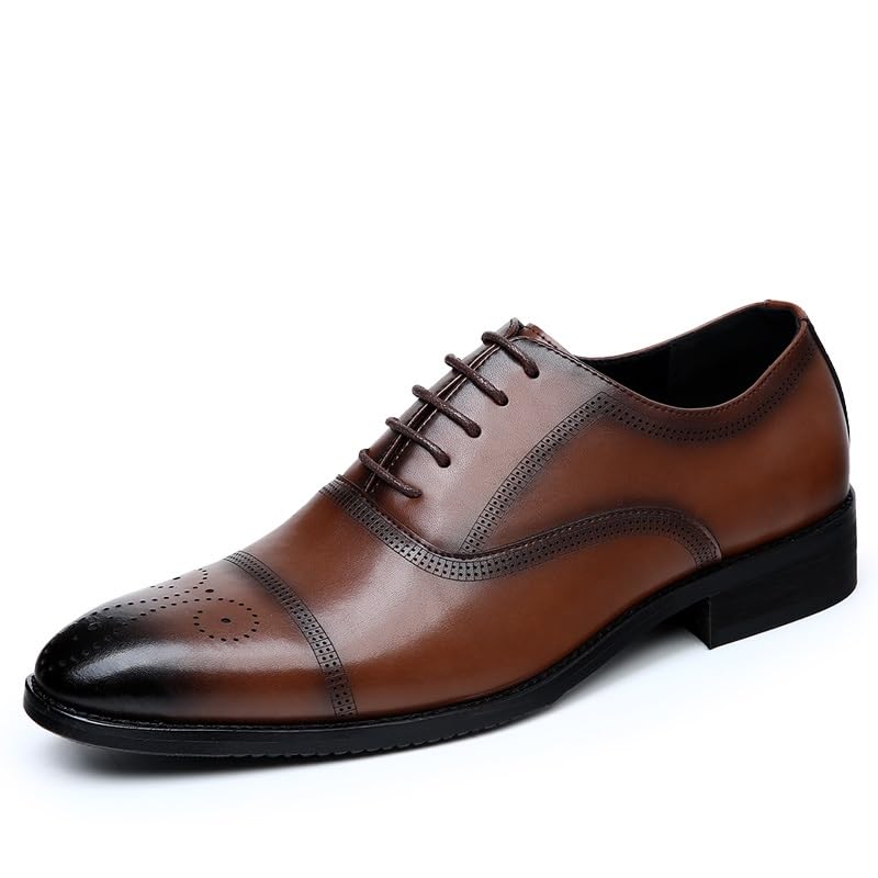 Formal Shoes for Men Lace Up Pointed Burnished Toe Brogue Embossed Cap Toe Faux Leather Block Heel Slip Resistant Low Top Anti-Slip Classic3