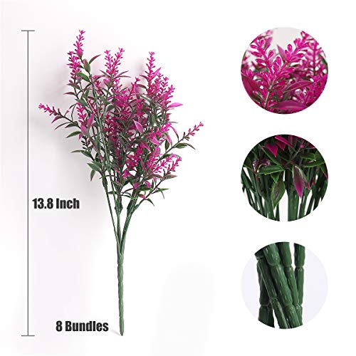 RECUTMS 8 Bundles Artificial Flowers Fake Outdoor Plants Faux UV Resistant Lavender Flower Plastic Shrubs Indoor Outside Hanging Decorations (Fuchsia) | 13.8",UV Resistant Greenery image 6