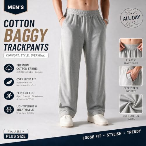 Image of MARK LOUIIS Men's Baggy Trackpants | Regular Fit Cotton Sweatpants with Drawstring Waist & Side Zipper Pockets | Oversized Casual Track Pants for Gym