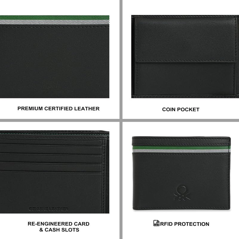 Image of United Colors of Benetton Men's Global Coin Wallet Wiltshire | Black Leather with Signature Tape Inlay | Small Bi-Fold with Coin Pocket | Stylish Purse