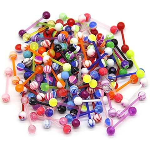 110 Pieces Tongue Barbells, 14G Acrylic Tongue Bar Rings, Straight Barbells Body Piercing Ring for Men and Women, Assorted Colors (Acrylic 110 PCS) Cover