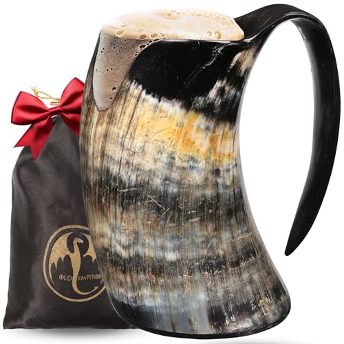 Product Image of the OLDEMPEROR Viking Drinking Horn Mug -16 Oz - Chirstmas Gifts for Men, Women, Dad, Husband - Unique Handmade for Hot & Cold - Food Grade Medieval Style Ale Beer & Mead Cup