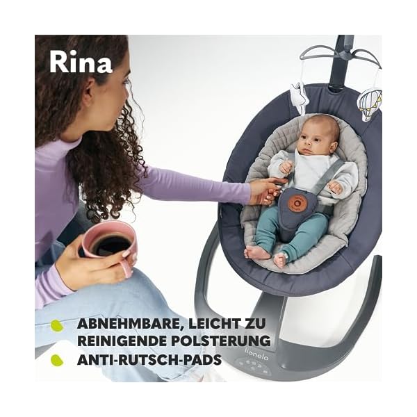 LIONELO Rina Babywippe und Liegestuhl 2in1, Fernbedienung, 360° drehbarer Sitz, zwei Schaukelrichtungen, 5 Schaukelgeschwindigkeiten, Sperrung, Rückenlehnenverstellung, Timer, 12 Melodien – Bild 7