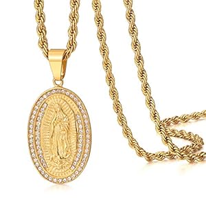 ROWIN&CO Iced Out Virgin Mary Necklace for Men & Women 18K Gold Stainless Steel Virgen de Guadalupe Pendant with CZ, Hip Hop Christian Jewelry, 20″/24″/30″ Gold Rope Chain.