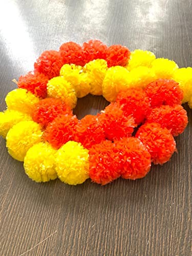 Image of SPHINX Artificial Marigold Fluffy Flowers Garlands for Decoration - Pack of 5 (Yellow and Dark Orange Patterned)