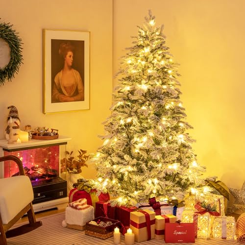 Image of Goplus 6ft Pre-Lit Snow Flocked Christmas Tree, Artificial Hinged Xmas Tree with 1415 Branch Tips, PE & PVC Mixed Leaves, 260 Warm-White LED Lights, Foldable Metal Base, for Home Office Holiday Decor
