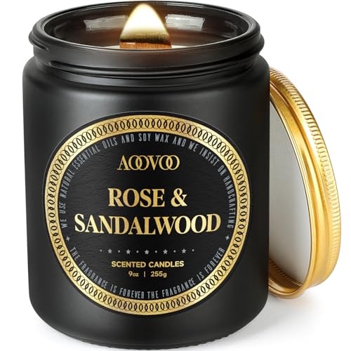 AOOVOO Scented Candles for Men – Rose & Sandalwood Candles for Home Scented | Crackling Wood Wick Soy Candles | Strong Fragranced Masculine Black Candle Gift for Women & Men, 9oz