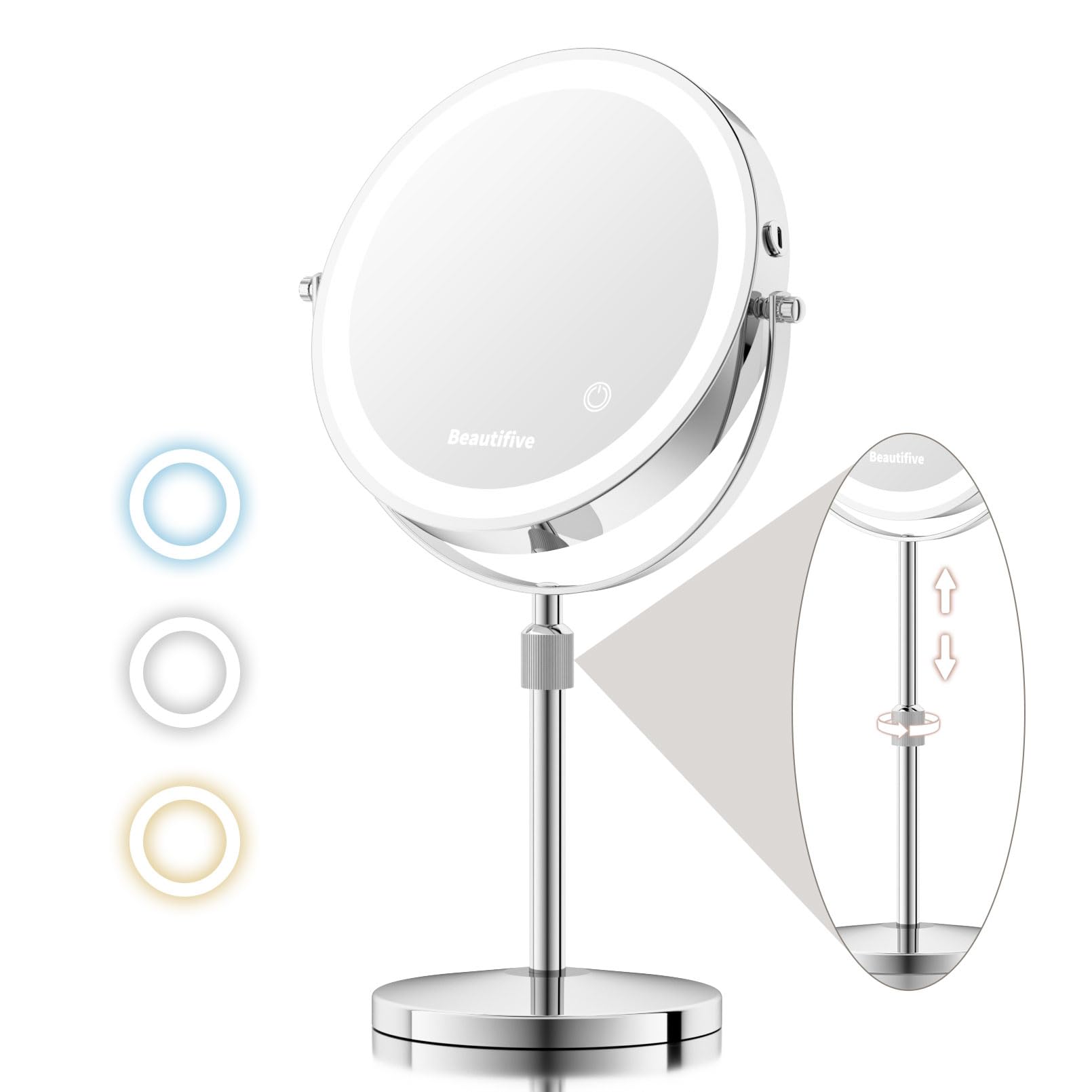 15X/1X Lighted Makeup Mirror with Magnification, 8” Rechargeable Magnifying Mirror with Lights, Adjustable Brightness Light Up Table Mirror with Adjustable Height, 360° Rotation Vanity Makeup Mirror