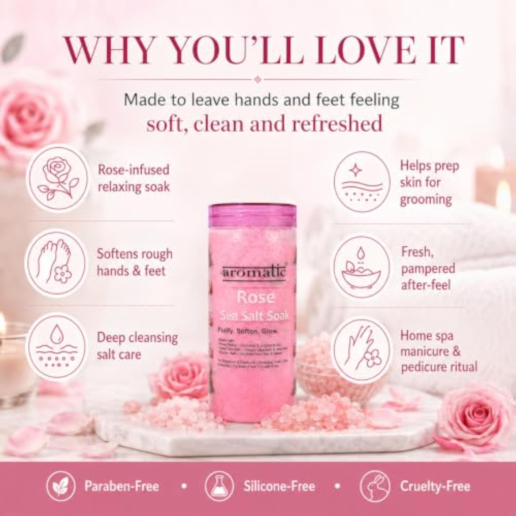 Rose Sea Salt Soak for Manicure & Pedicure, Deep Cleansing