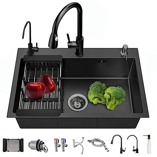 Fregadero de cocina Gris oscuro, 304 de acero inoxidable, 50 x 45 cm, para empotrar con grifo, dispensador de jabón, grifo de agua potable (50 x 45 cm)