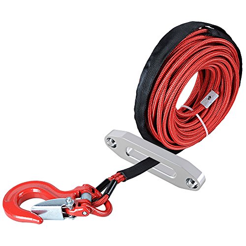 Astra Depot 50' x 1/4 RED Rock and All Heat Guard Synthetic Winch Rope Cable 7000LBS w/RED Heavy Duty Half-Linked Hook + Hawse Fairlead for Car ATV UTV Ramsey KFI