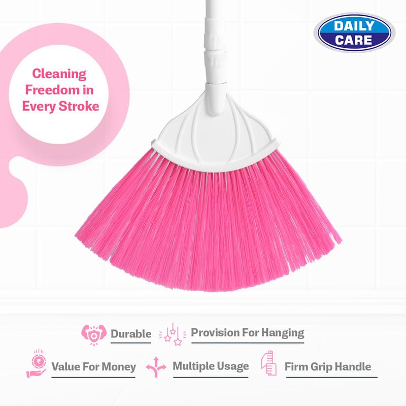 Image of DAILY CARE Multipurpose Cleaning Broom | Durable and Lightweight Broom for Home, Office, and Outdoor Use, Ideal for Sweeping Floors, Carpets (Pink)