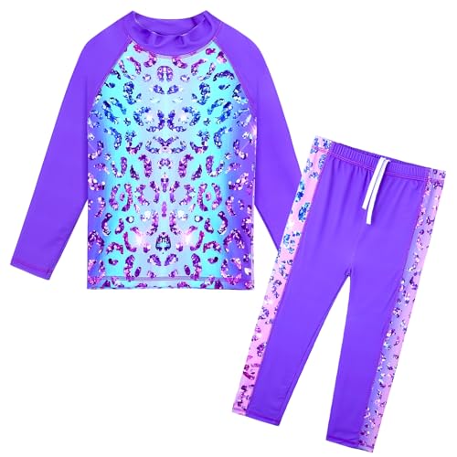 Image of TFJH E Girls Two Piece Swimsuit Long Sleeve Rash Guard Ages 3-12 | UPF 50+ sun protection, breathable , lightweight long sleeve swimsuit, full coverage, pool beach vacation, water park