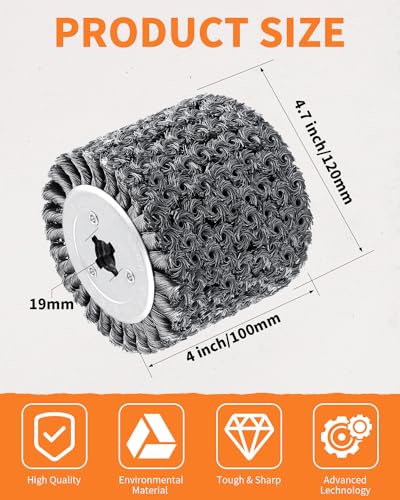 Image of 4.7 inchx 4 inch Twisted Steel Wire Wheel Multi Surface Texturing, 0.02 inch Coarse Knotted Wire Brush Drum Surface Conditioning Tool for Metal Removing Rust Wood Grain Restoration-3 /4 Quad Keyway