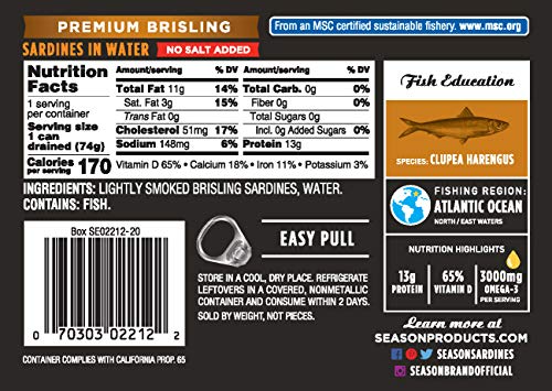 Image of Season Brisling Sardines in Water No Salt Added, 3.75 Oz Tins, 6-Pack | Wild Caught, 13g of Protein, Keto Snacks, More Omega 3's Than Tuna, Kosher, High in Calcium, Canned Sardines, One Layer