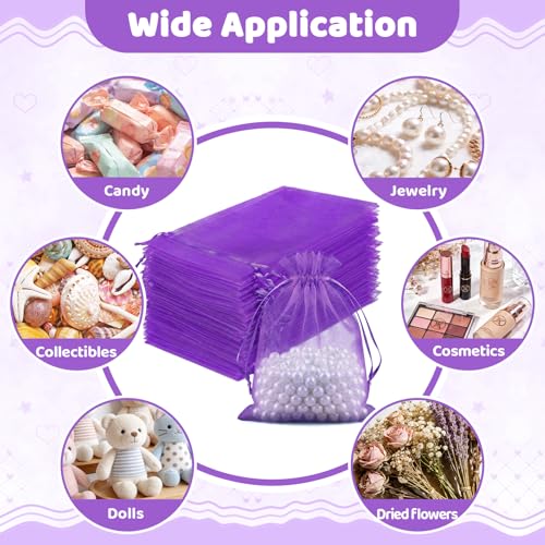 Image of FUNFERY 100Pcs Purple Organza Bags 4x6 in,Small Mesh Drawstring Gift Bag | Little Jewelry Bags for Wedding Party Favors, Mini Drawstring Pouch for Sachet, Candy, Goodie, Treat Bag for Easter Day