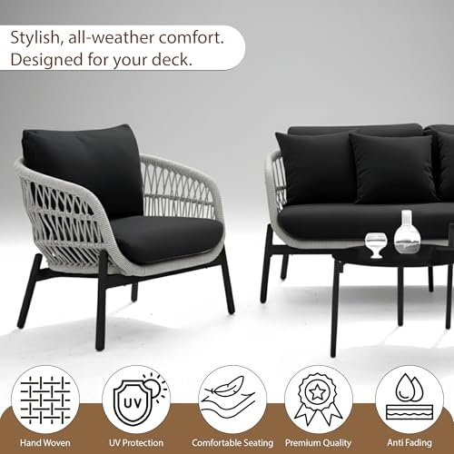 Image of Amazon Brand - Solimo Outdoor 4 Seater Sofa Set | Balcony Sofa | Patio Furniture Sets | Conversation Sets | Braid & Rope Garden 4 Seater Sofa Set with Center Table (Grey-Black)