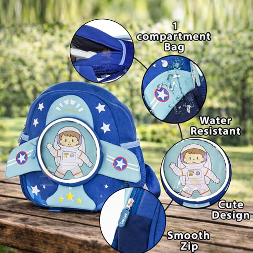 Image of WISHKEY Kids Bag for Boys & Girls (2-5 Years) Space Design Toddler Backpack with Safety Leash Chest Buckle & Adjustable Straps Water Resistant Lightweight Small Picnic Travel Bag light Blue