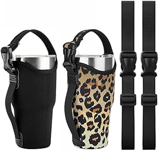 Beautyflier 2 Pack 30 OZ Neoprene 3 IN 1 Tumbler Carrier Holder Pouch with Adjustable Shoulder Sling for Stainless Steel Insulate Insulated Coffee Mugs (Leopard + Black)