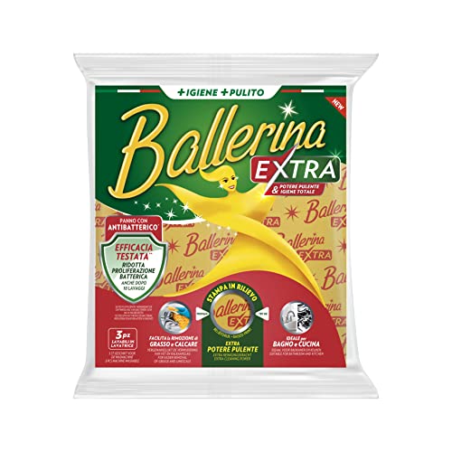 Ballerina Extra, 12 x 3 paños con Antibacteriano para la Limpieza de baño y Cocina, impresión en Relieve para Eliminar Grasa, Cal, gérmenes y bacterias, reducción de la proliferación bacteriana,