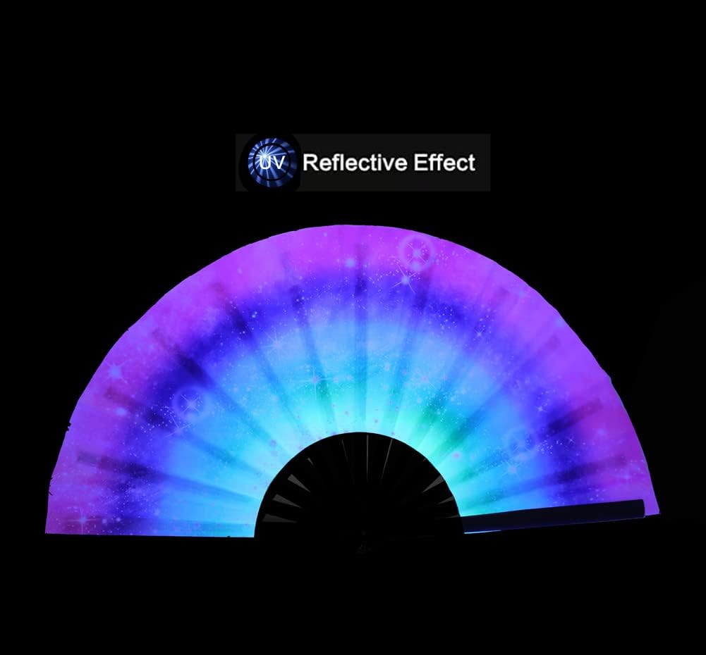 HeyToo Women/Men Large UV Glow Rave Handheld Fan for Drag Queen Cosplay EDM Club Party Music Festival Dance Decoration Rainbow image 3