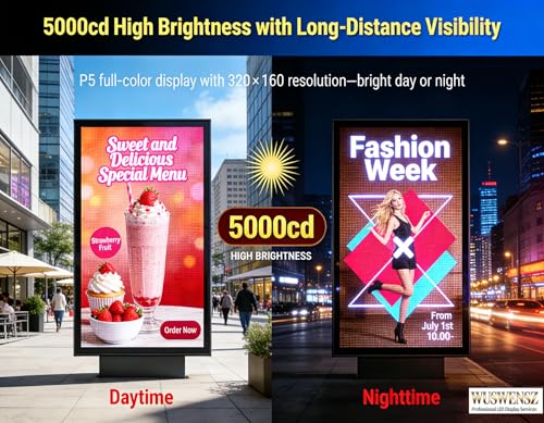 Image of P5 Outdoor IP65 Waterproof 65 inchx34 inch Programmable LED Sign Board - Wi-Fi Full Color High-Res Scrolling Display, USB Control, Custom Images & Video for Business