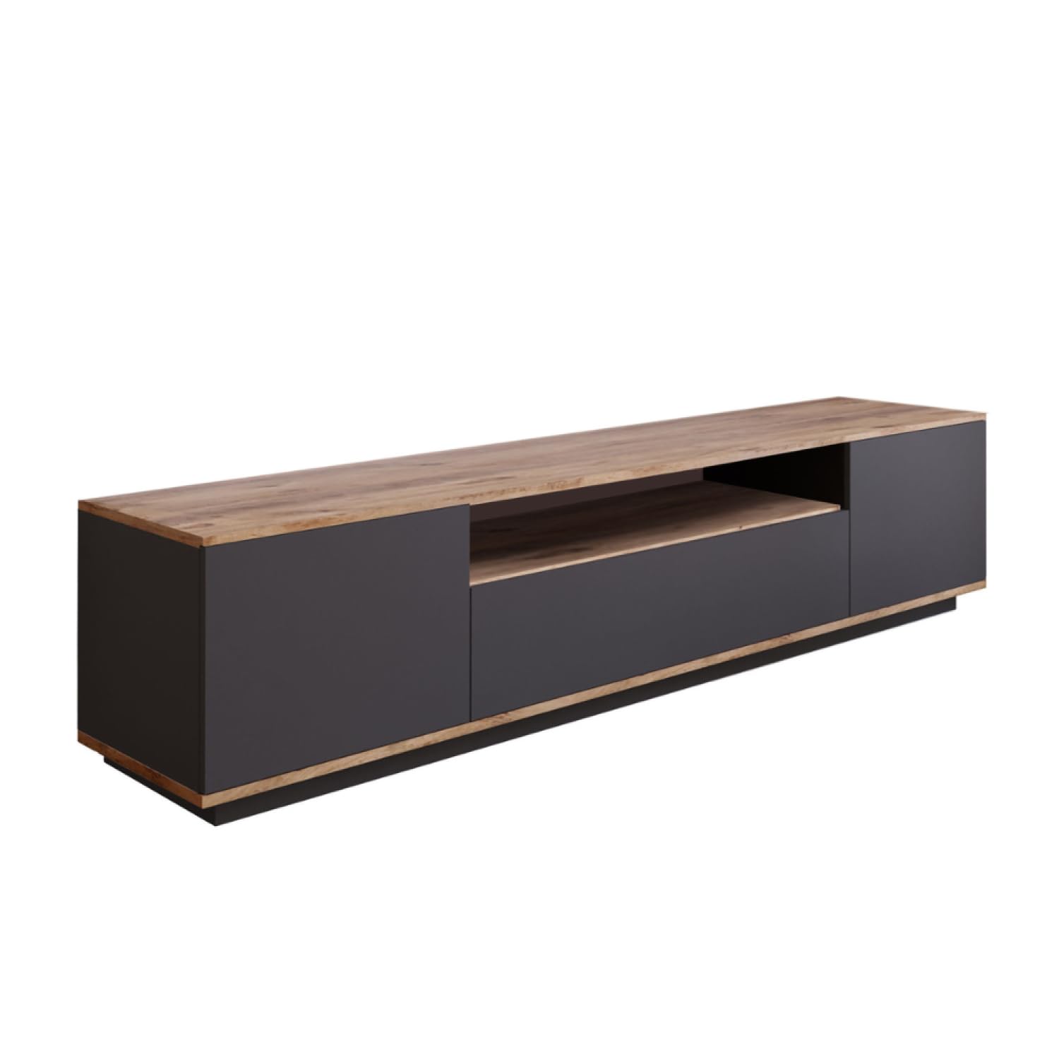 CONCEPT USINE | Meuble TV 180 cm | Design Tyro Gris et Bois | Style Moderne | 3 Portes Abattantes | Niche Centrale | Rangement Multimédia | Passage de Câbles Pratique | Multimédia, Salle, Salon