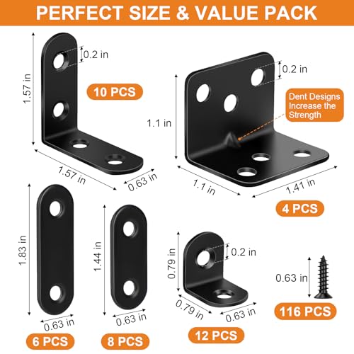 Image of 40 Pack L Bracket Corner Brace Kit, 5 Sizes Stainless Steel L Brackets for Wood Shelves, 90 Degree Right Angle Bracket, Black Metal Corner Brackets for Furniture Cabinet Drawer Chair with 116 Screws